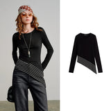 TOYOUTH Women Wool Blend T-Shirts 2026 Spring New Black Slim Fit Striped Asymmetric Hem Blouses