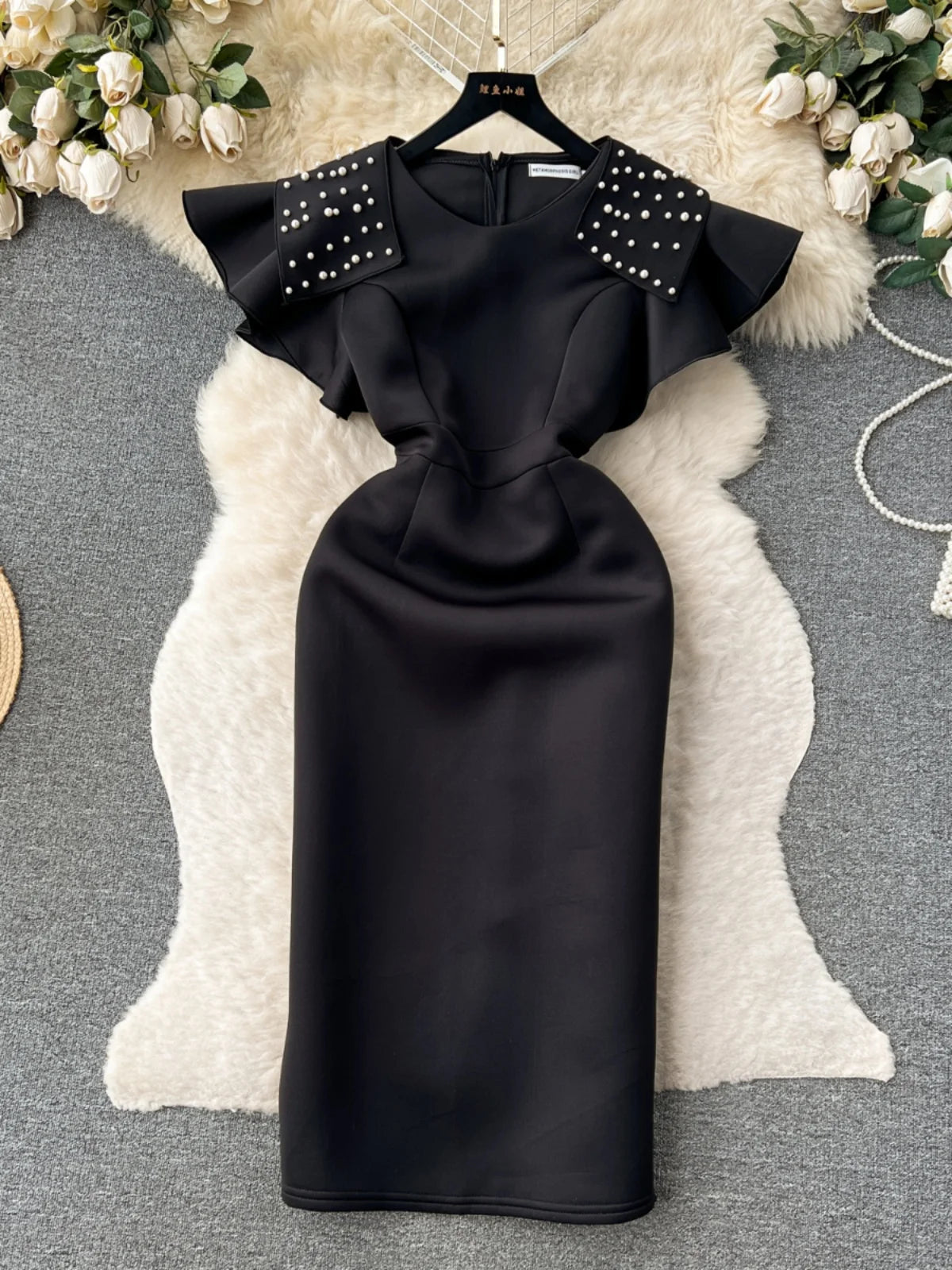 Ele Retro Beaded round Ne Svel Dr Women's Waist Cinching Slimming High End Feeling Aosphere Long Dr