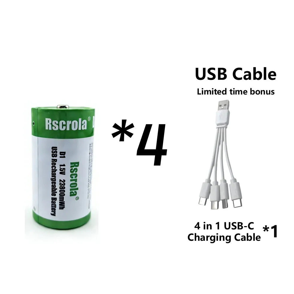 USB D Li-ion Rechargeable Batteries, High Capacity 1.5V 23800mWh Rechargeable D Battery, 4 H Fast Charge with Type C Port Cable