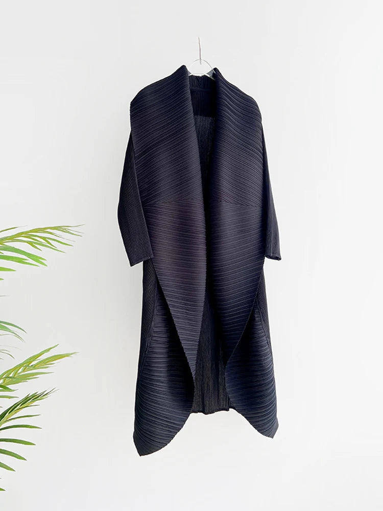 Miyake Pleated Women's Long Jacket 2025 Winter Turn-down Collar Pen Stitch Long Sleeve Windbreaker Loose Oversize Cardigan Coats