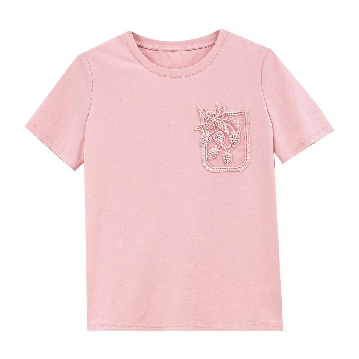 VIMLY Women's French Pink Short Sleeve T-shirt 2026 Summer New Flower Pouch Design Crew Neck Top Fashion Casual Wear A6828