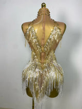 Stock Nightclub Singer Dance Stage Costume Evening Gowns Women Sexy Stretch Mesh Sparkly Rhinestone Tassels Mini Dress