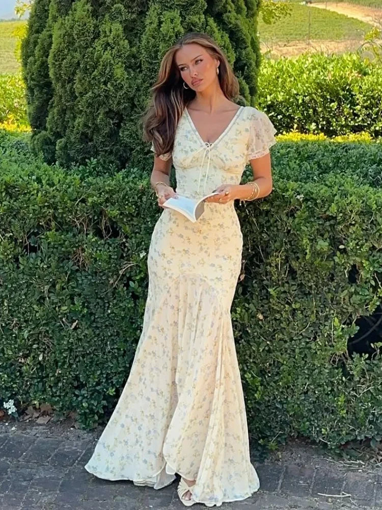 Women Elegant Printed Chiffon Maxi Dress Sexy V-neck Waist-cinching Short Sleeve Slim Gowns Chic 2026 Summer Lady Vacation Robes
