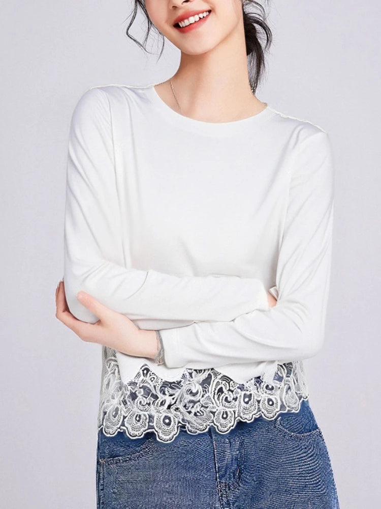 Cotton Lace Trim White Long Sleeve Tshirt Women 2025 New Fall Blouse Casual Basic Tee Flattering Fit Boho Chic Plus Size