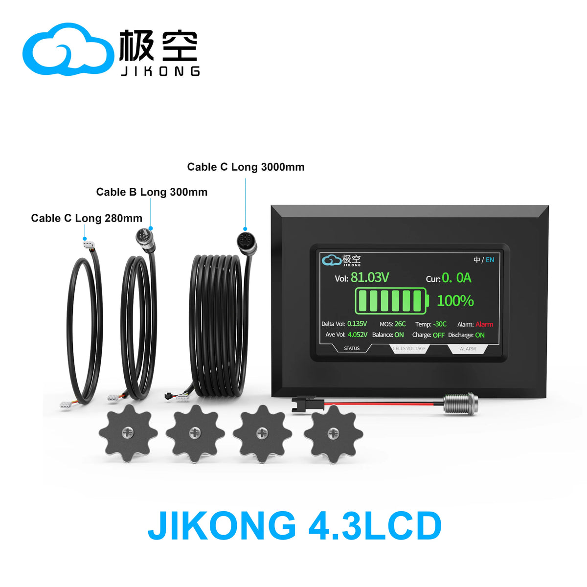 JIKONG BMS 4.3 Inch Screen Display with A 3500mm Cable and 4 Fixing Screws for JIKONG JK BMS