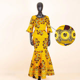 Afripride African Dresses for Woman Customized Loose Gold Ankara Printed Two Piece Flared Sleeve Fishtail Hem Dress 2425046