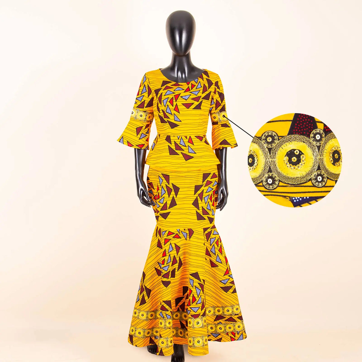 Afripride African Dresses for Woman Customized Loose Gold Ankara Printed Two Piece Flared Sleeve Fishtail Hem Dress 2425046
