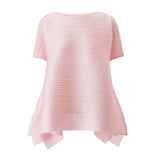 LANMREM Premium Pink Pleated Asymmetrical Women's T-shirt Batwing Sleeve Round Neck Loose Fit Daily Commute Pullover Top 2DB7499