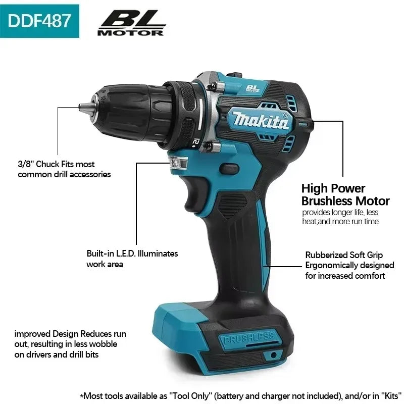 Original Makita 18V DDF487 Brushless Cordless Drill, Electric Screwdriver With 6.0Ah Battery Various Complete Packages