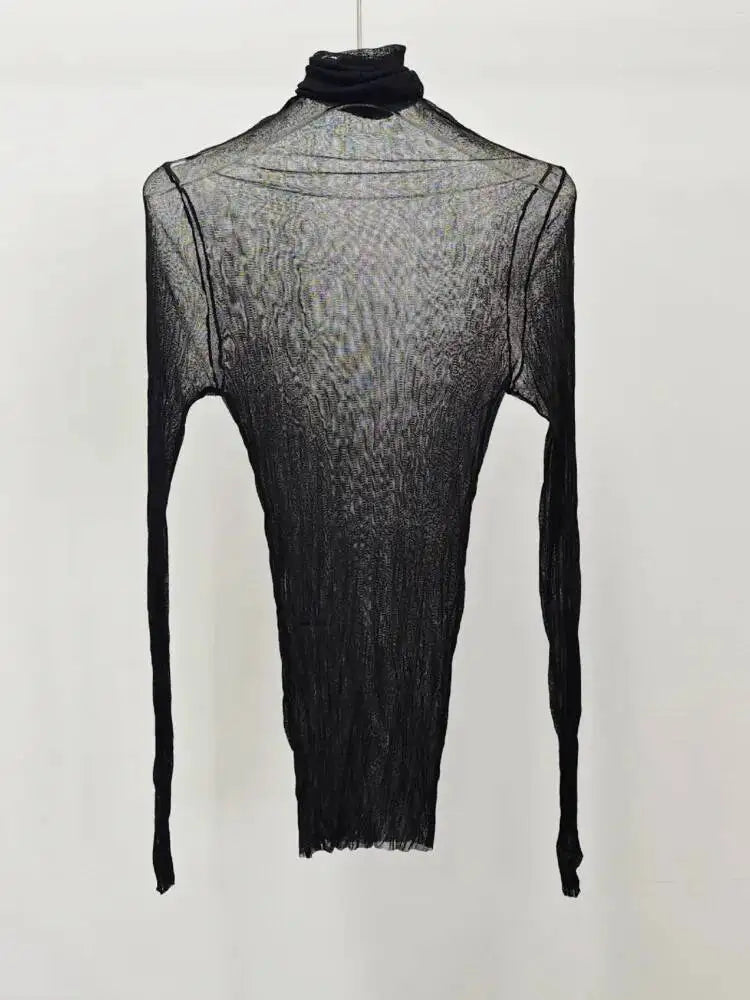 DEAT Causal Mulberry Silk Gauze Perspective Turtleneck Solid Color Long Sleeve Slim Pullover Women's Top 2026 Autumn New 15DZ362