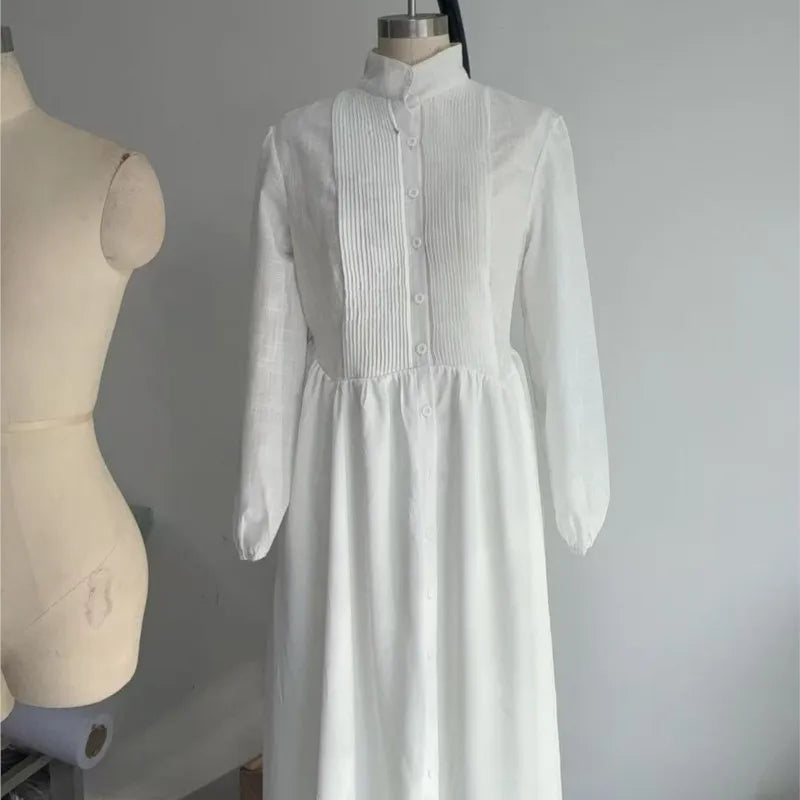 Women's Elegant Single Breasted Long Dress 2026 French High Waist Solid Pockets Pleated Maxi Evening Dress