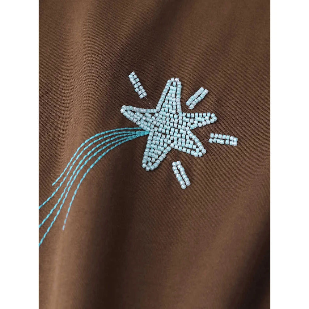 MOVEUP Short-Sleeve Crew Neck T-Shirt 2026 Spring New Firework Beading Woven Label Tees Casual Loose Top for Women 3ELC10536