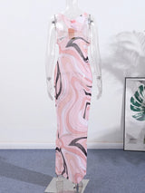 Elegant Print Mesh Long Dress For Women Sexy Deep O-neck Sleeveless Perspective Maxi Dress Lady Summer Chic Beach Robes
