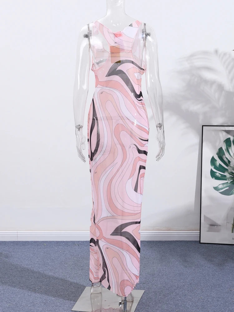 Elegant Print Mesh Long Dress For Women Sexy Deep O-neck Sleeveless Perspective Maxi Dress Lady Summer Chic Beach Robes