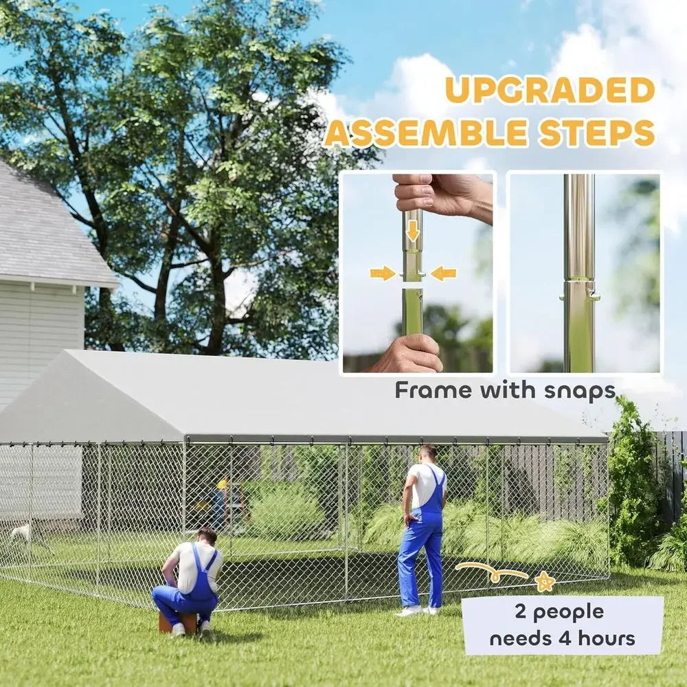 Outdoor Dog Kennel, 19.7' x 19.7' x 8.9', Heavy Duty Large Dog Kennel Outside w/Waterproo Roo, Galvanized Chain Link Pet Enclosu