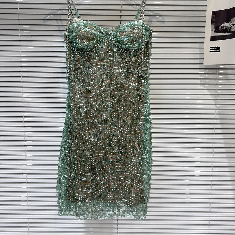 DEAT Heavy Industry Diamond Chain Pearl Suspender Dresses Women For Women 2024 Summer New Party Strap Dress Female 29L7707