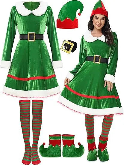 Women's Christmas Costume Set Santa Claus Outfit Velvet Dress With Striped Thigh-High Socks and Elf Hat