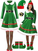 Women's Christmas Costume Set Santa Claus Outfit Velvet Dress With Striped Thigh-High Socks and Elf Hat