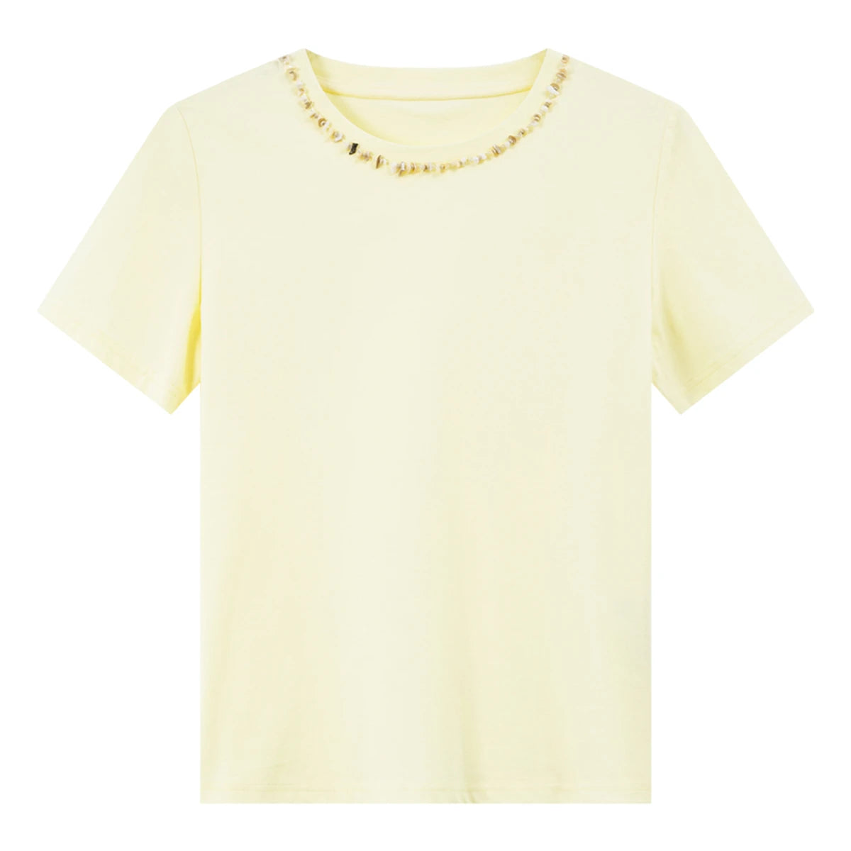 VIMLY Minimalist Office T-Shirt Women 2026 Summer New Fashion Round Neck Shell Beaded 100% Cotton Casual Short Sleeve Top A6050