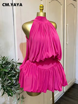 CM.YAYA Women Dress Sleeveless Halter Ruched Ball Gown Mini Dress with Shorts 2026 Beach Party Elegant Holiday Birthday Outfits
