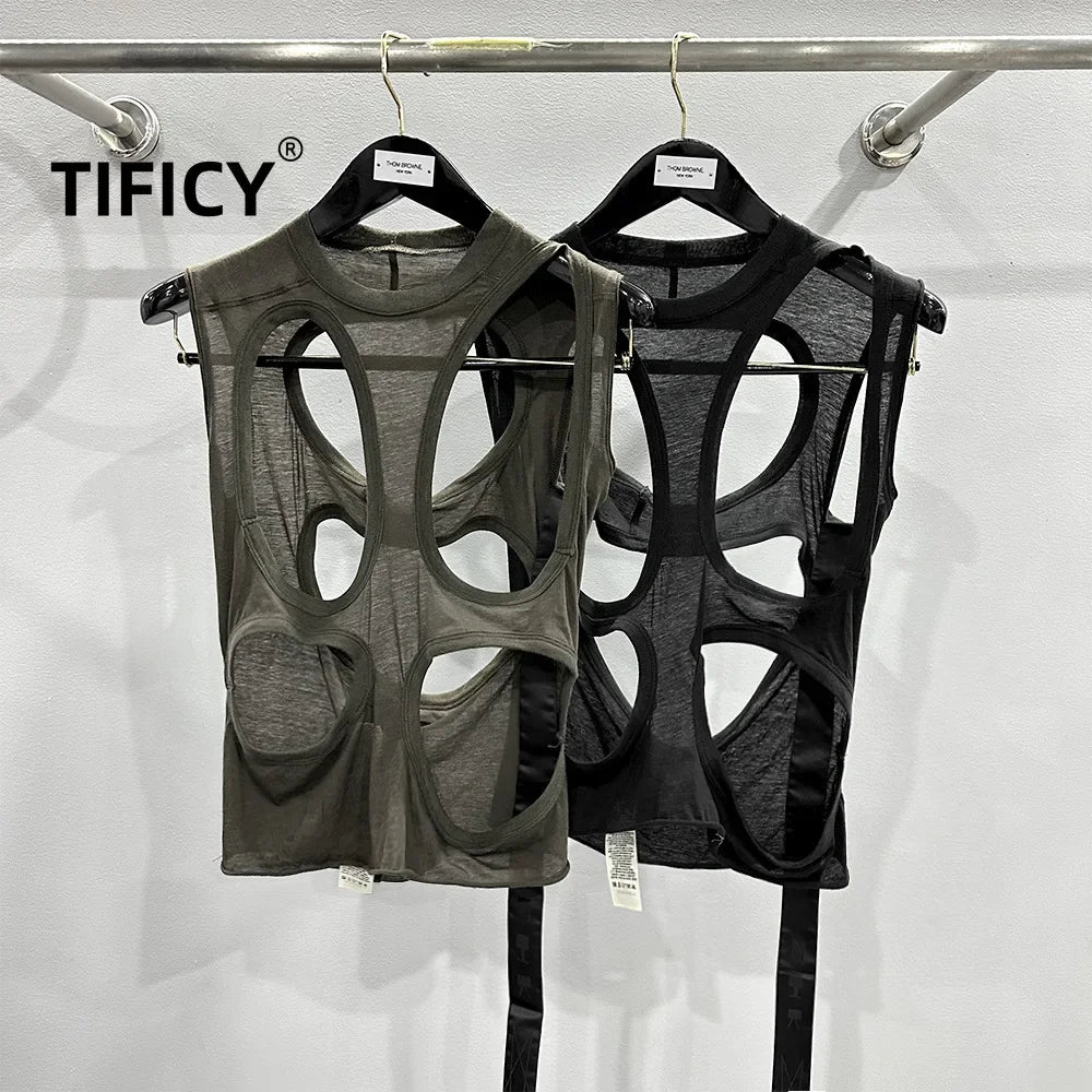 TIFICY High Street Cotton Hollow Out Tank Women's Style Personality Fashion Big Hole Design Outer Vest Top Tee Tanks Tshirt Tops