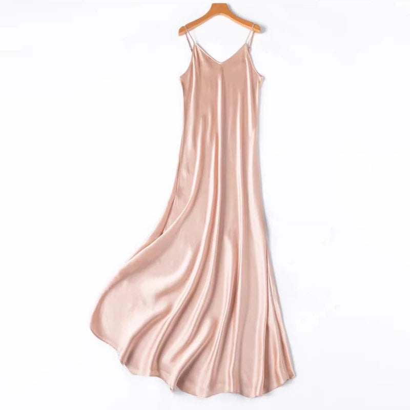 2026 Women's Fashion New 21MM 100% Natural Mulberry Silk Plain Satin Extended French Sexy Adjustable Shoulder Strap Solid Dress