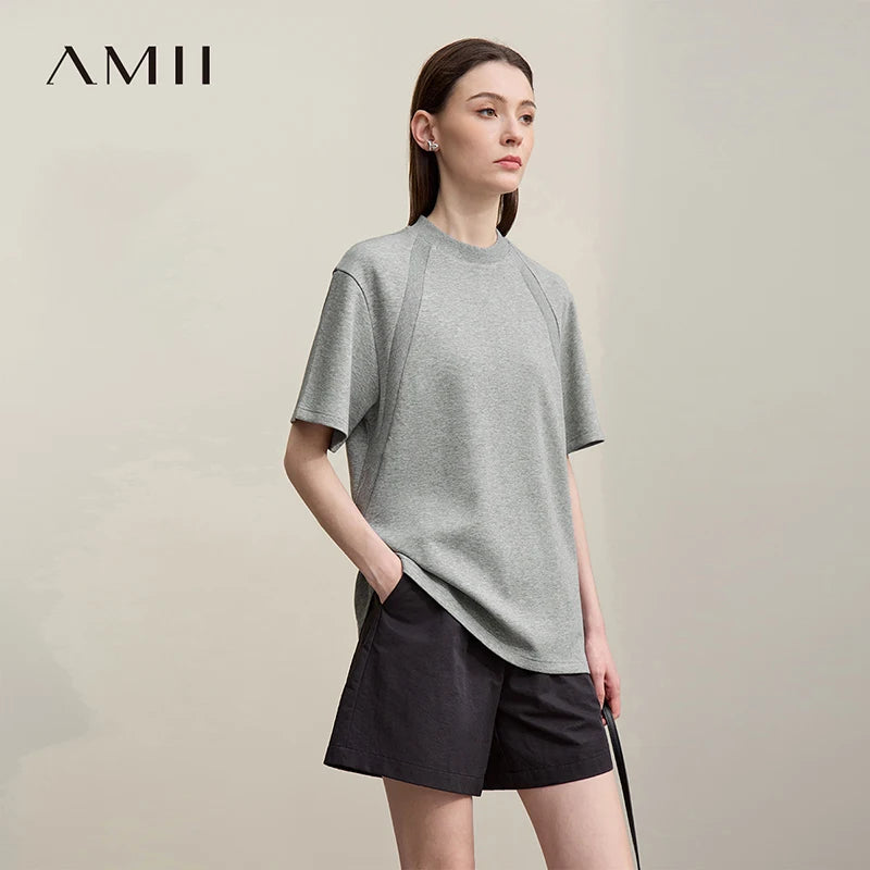 Amii Women's Tee Shirt 2026 Summer New O-Neck Stretch Cotton T-shirt Women Basic Ribbed Trim Versatile Short Sleeve Top 12622162