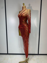 Sexy Red Mesh See Through Diamonds Sequins Dress Luxury Birthday Evening Party Costume Bar Nightclub Stage Performance Outfit