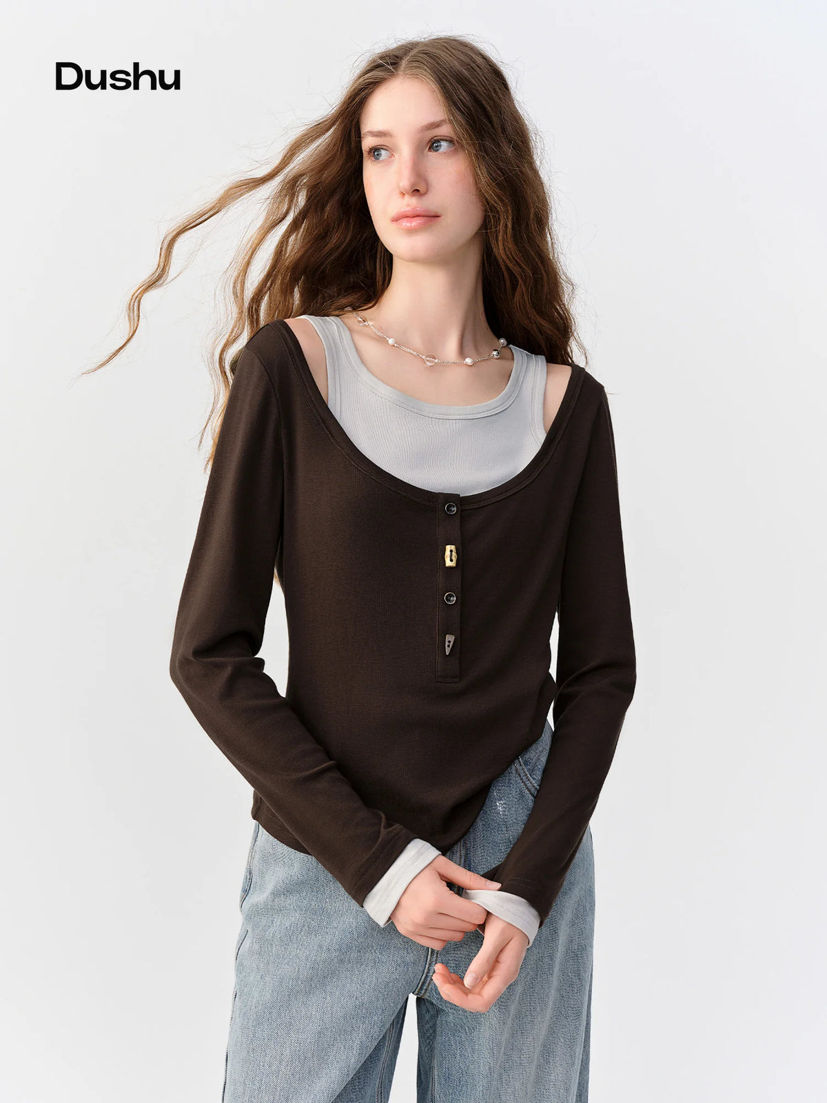 DUSHU 2026 Fall Women's Faux Two-Piece Long Sleeve T-Shirt with Waist-Defining Fit - Stylish Flattering for Office Commute