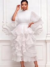 Pleated Chiffon Tiered Midi Dress Ruffle Half Flutter Sleeve Flowy Layered Dress Women Elegant Wedding Guest Formal Mid Dress