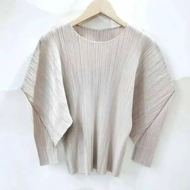 YUDX Pleated Round Collar T Shirt Women Full Sleeve Solid Color Versatile New 2025 Pullover Temperament Female Tops