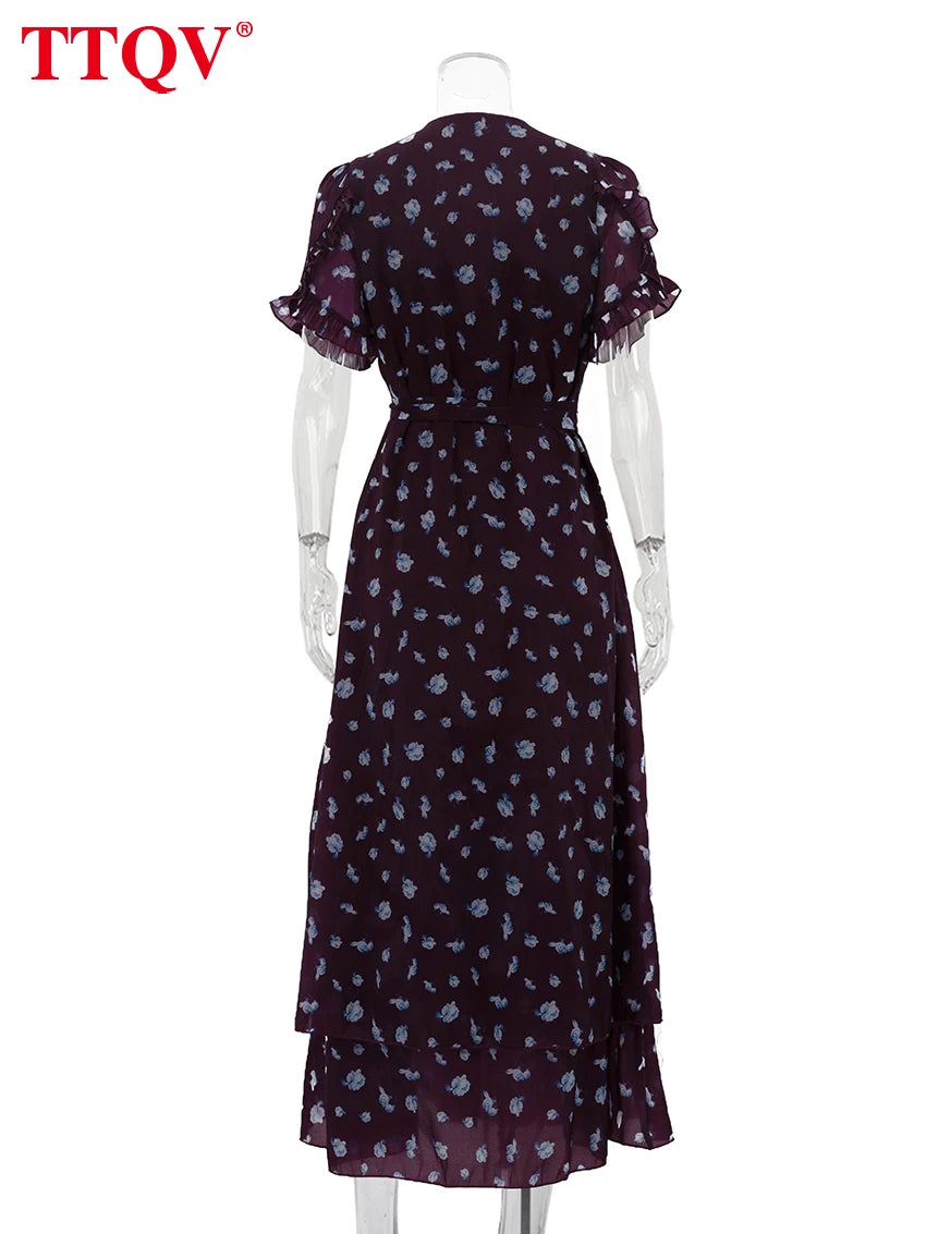 TTQV Summer Loose Print Women's Dress 2026 Fashion V-Neck Short Sleeve Ankle Length Dresses Elegant Classic Lace-Up Female Dress