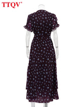 TTQV Summer Loose Print Women's Dress 2026 Fashion V-Neck Short Sleeve Ankle Length Dresses Elegant Classic Lace-Up Female Dress