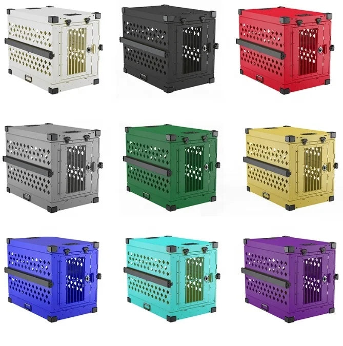 Large Luxury Aviation Aluminum Dog Transport Crate Foldable With Thickened Ventilation Firm Cage With Wheels