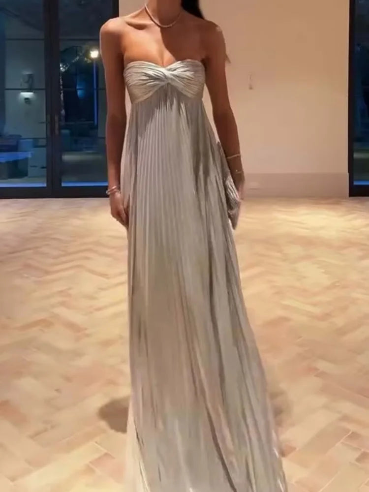 Women Solid Strapless Maxi Dress Sexy Sleeveless Off-shoulder Backless Loose Pleated Long Gowns 2025 Lady Evening Party Dresses