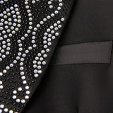 Men Black Double Breasted Tuxedo Suit 2 Pieces Silver Embroidery Rhinestone Shawl Lapel Slim Fit Jacket Pants Set Wedding Groom Blazer For Party Prom