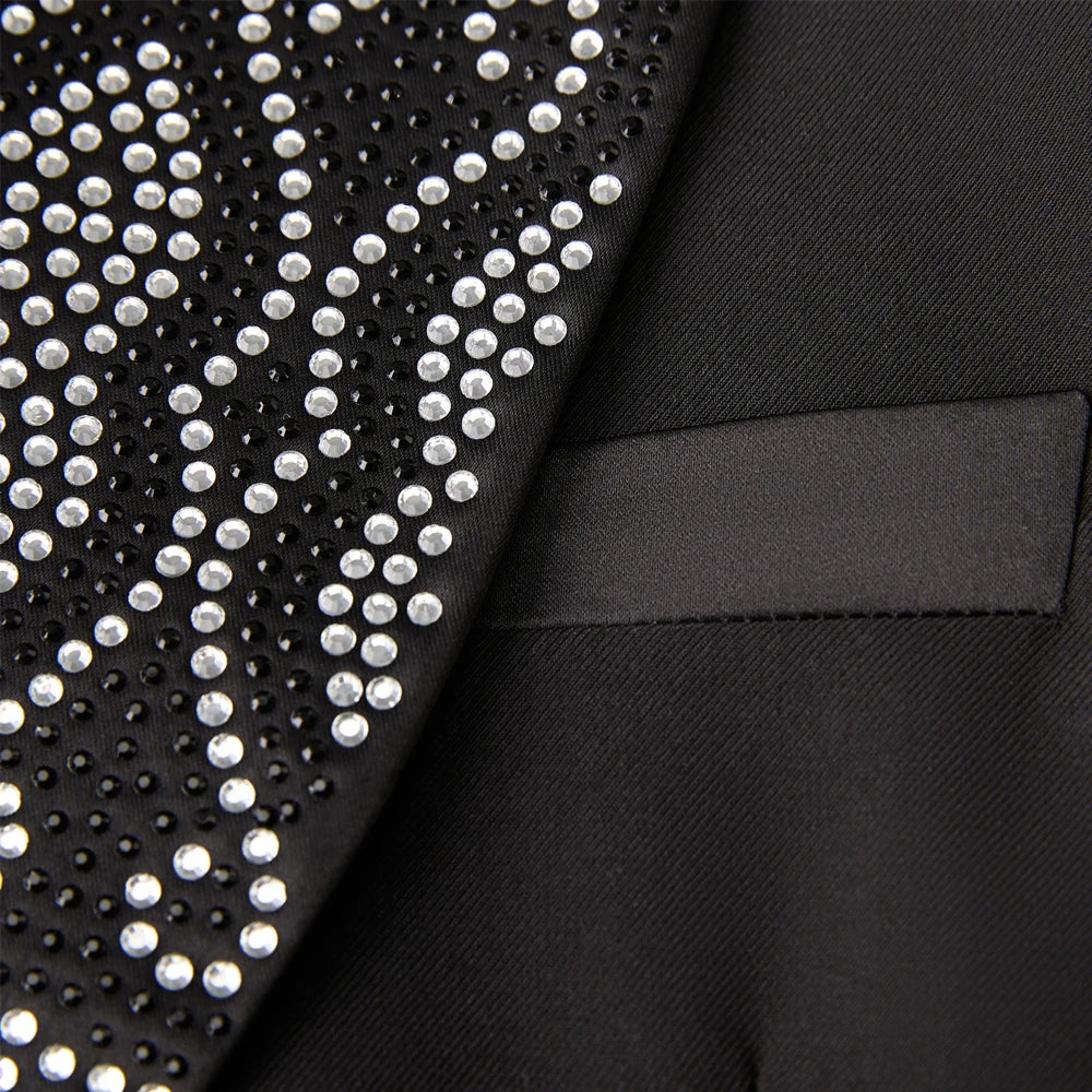 Men Black Double Breasted Tuxedo Suit 2 Pieces Silver Embroidery Rhinestone Shawl Lapel Slim Fit Jacket Pants Set Wedding Groom Blazer For Party Prom