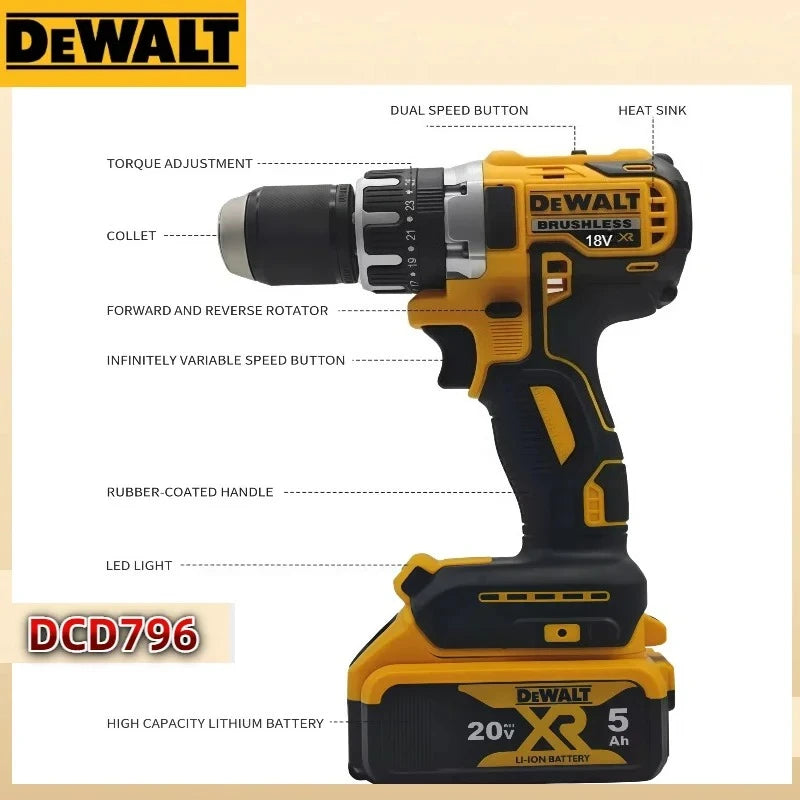 Dewalt DCD796 18V Cordless Brushless Impact Drill Brushless Drill Multifunctional Rechargeable Portable  Battery Power Tools