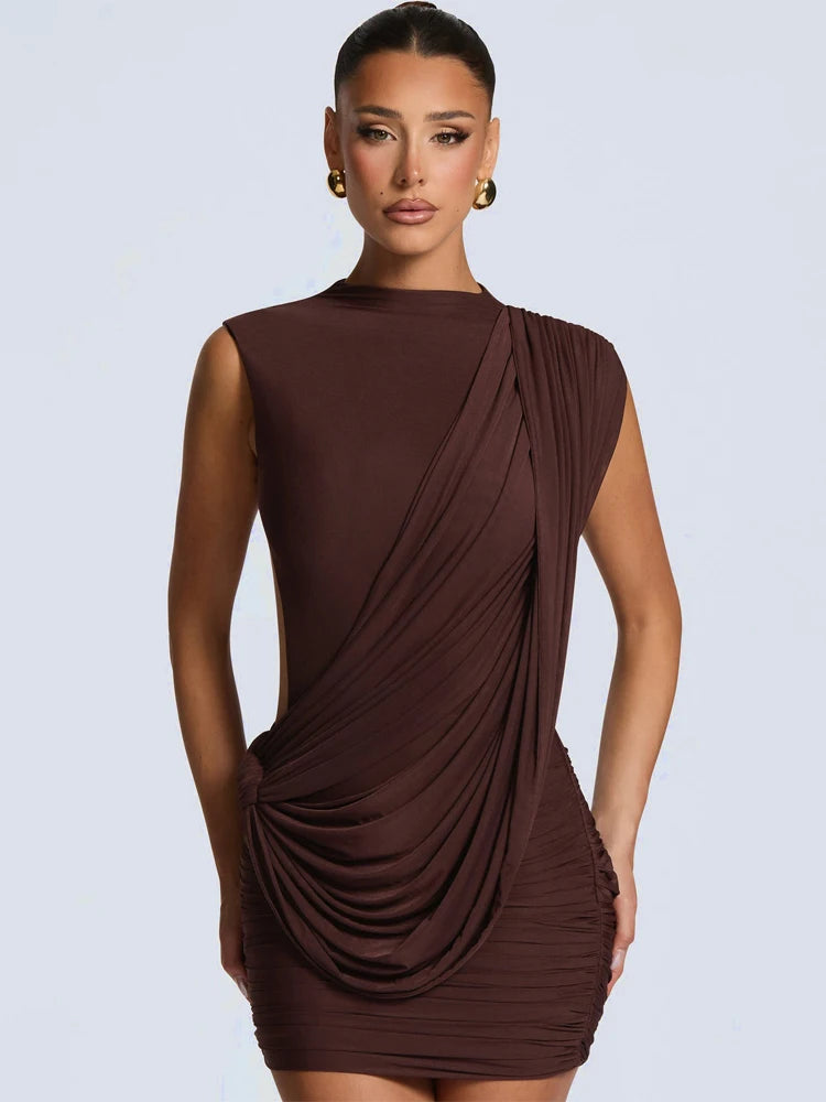 Chic Sleeveless Pleated Slim Mini Dress Women Sexy Solid Backless Hollow Out Round Collar Dresses Lady Evening Party Vestidos