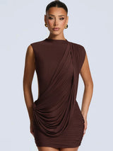 Chic Sleeveless Pleated Slim Mini Dress Women Sexy Solid Backless Hollow Out Round Collar Dresses Lady Evening Party Vestidos