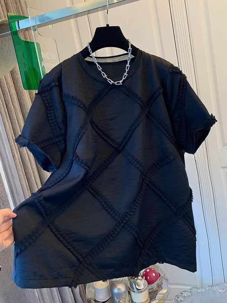 Elegant Check Patchwork Blouse Women Short Sleeve T-shirt 2025 Summer T-shirt Fashion Loose Casual O-neck Tops