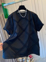 Elegant Check Patchwork Blouse Women Short Sleeve T-shirt 2025 Summer T-shirt Fashion Loose Casual O-neck Tops