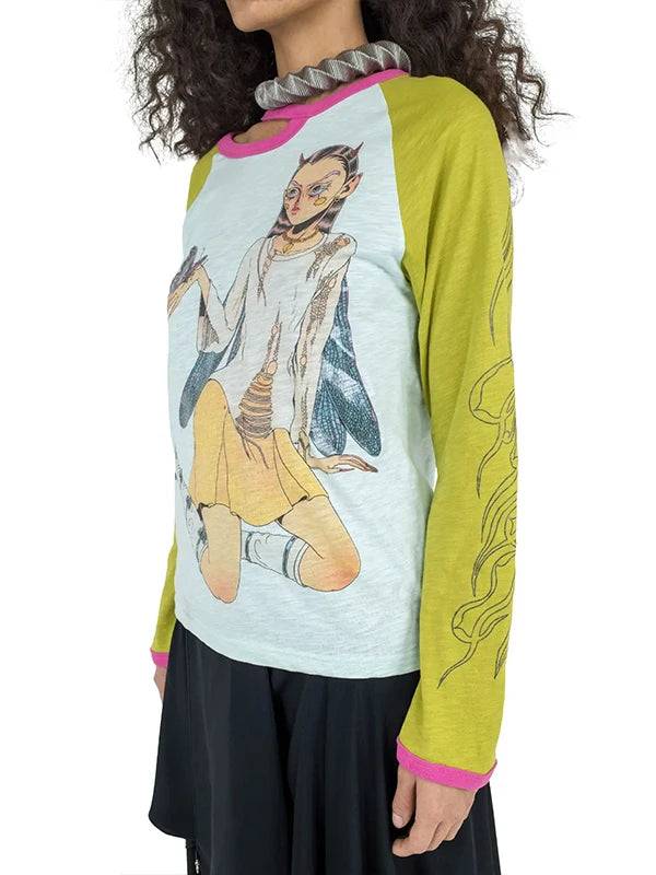 Y2K Personalized Dragonfly Print Unisex Long Sleeve Thin Cotton Bamboo T-Shirt Summer Commute Style Creative Cartoon Pattern