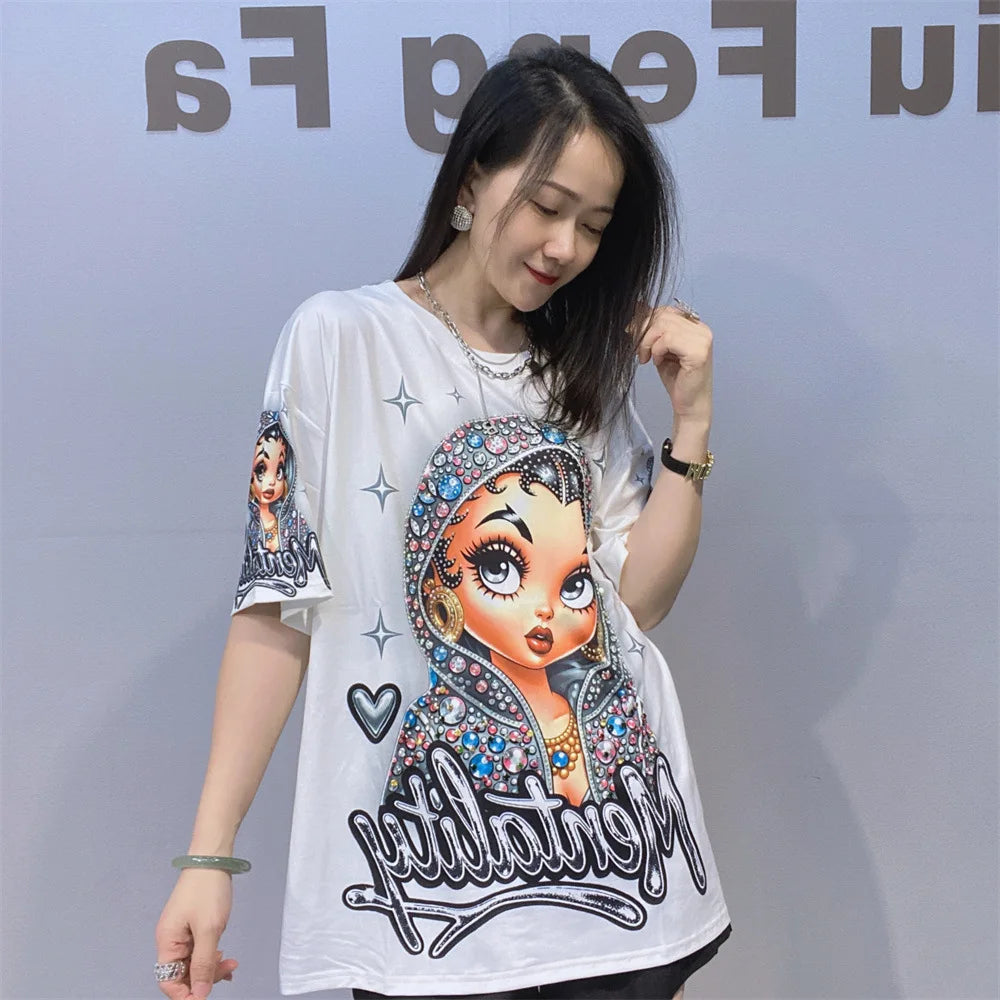 Oversized Short Sleeve Tees for Women Summer Clothing Cartoon Girl Printed Rhinestones Casual Loose O Neck T-Shirts Knitwear