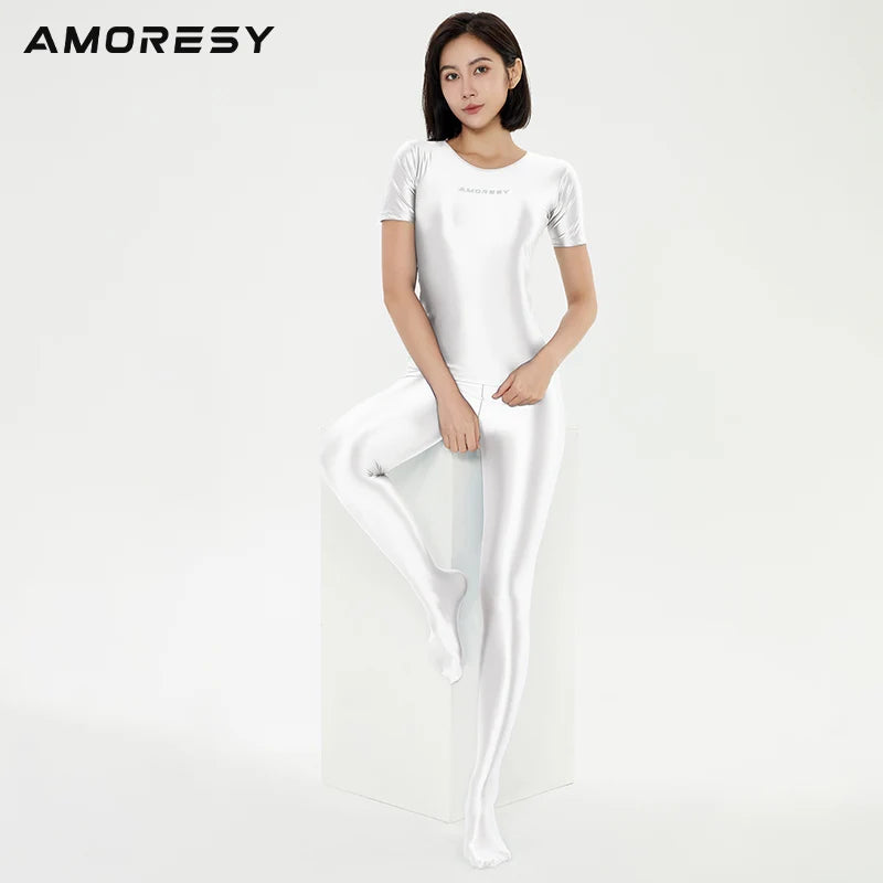 AMORESY Women Shiny Glossy Silky Short Sleeve Tights Tops Oil Round Neck Pullover Sports Running Stretch Fitness T-shirt Outdoor
