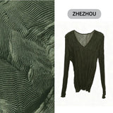 Miyake Pleated T-shirt 2025 Fall New Solid Color Bottoming Shirt Female Slim Thin Pleats Simple V-neck Inner Top Thin Clothing