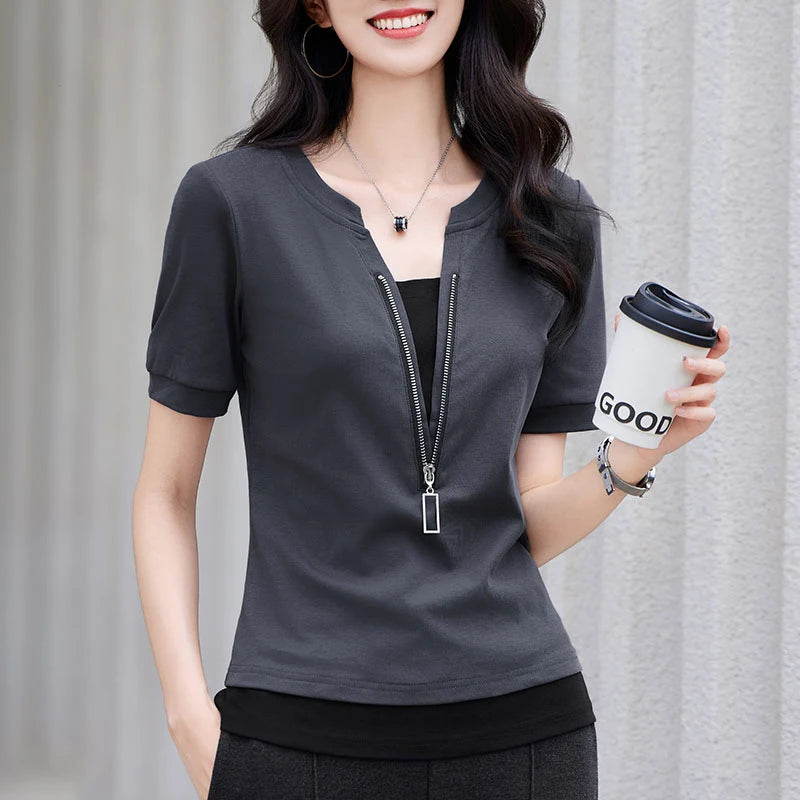 New Women Patchwork Contrast Color T-shirt Fashion Zipper V-Neck Short Sleeve Slim Tees Simplicity Casual Summer T-shirt