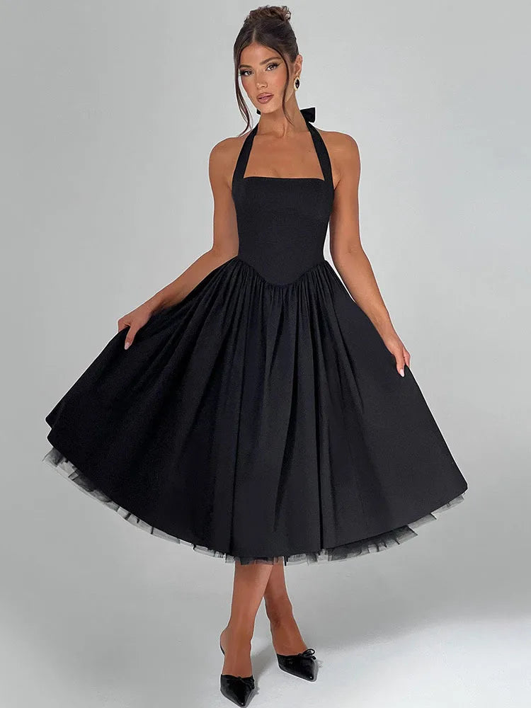 Mozision Halter Backless A-line Club Midi Dress Women Fashion Elegant Square Collar Sleeveless High Waist Party Pleated Dress