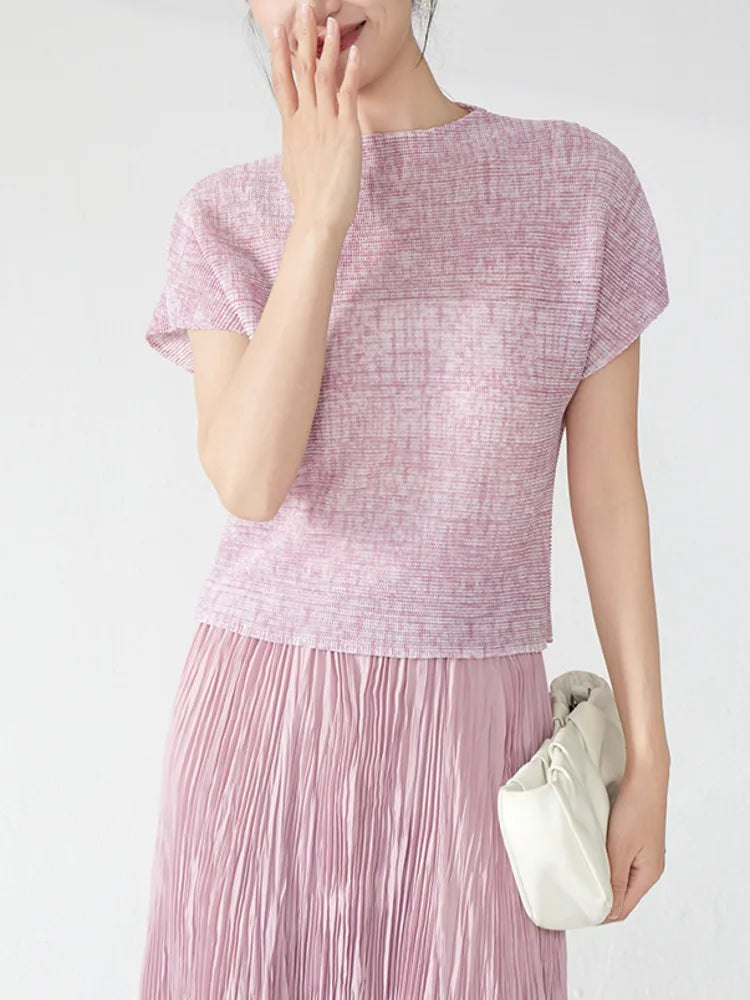 LANMREM Chic Printting Top Women's Elastic Slim Pleated Design Short Sleeve T-shirts 2025 New Stand Collar Pullover Tee 2DB3274