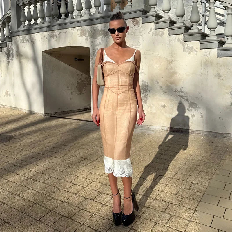 2026 Mesh Overlay Lace Hem Slip Women Dress Urban Patchwork Sleeveless Backless Female Dresses Summer Bodycon Lady Robe New